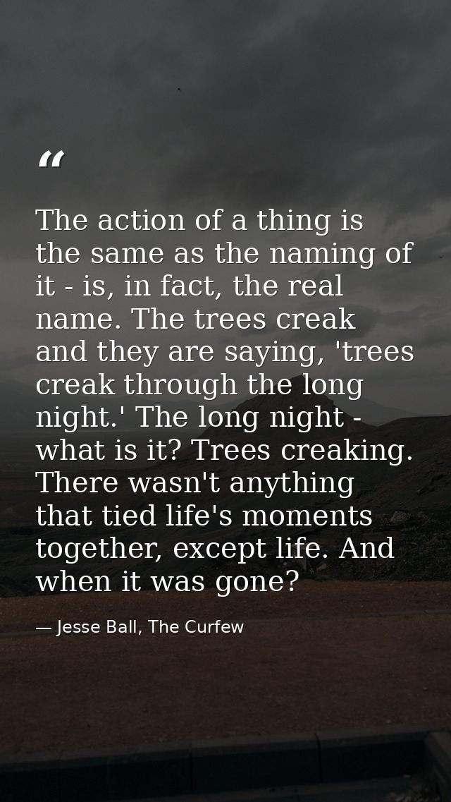 The action of a thing is the same as the naming of it - is, in fact, the real name. The trees creak and they are saying, — Jesse Ball, The Curfew
