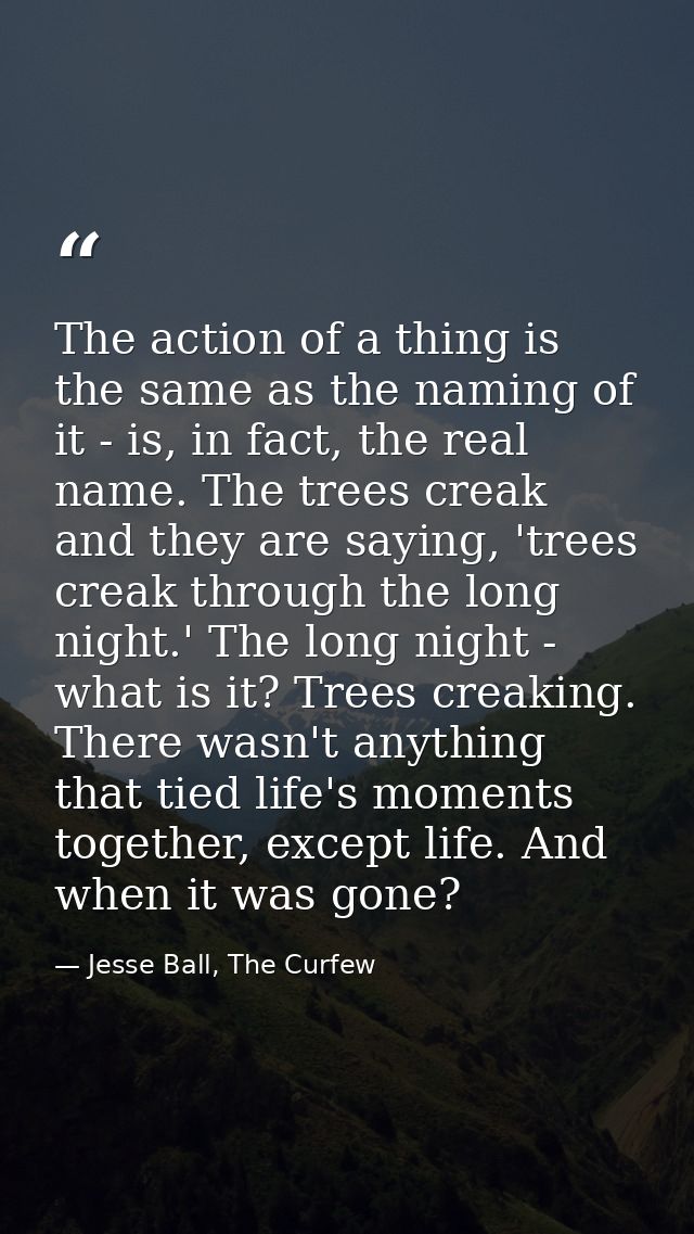 The action of a thing is the same as the naming of it - is, in fact, the real name. The trees creak and they are saying, — Jesse Ball, The Curfew