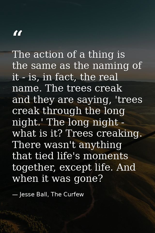 The action of a thing is the same as the naming of it - is, in fact, the real name. The trees creak and they are saying, — Jesse Ball, The Curfew