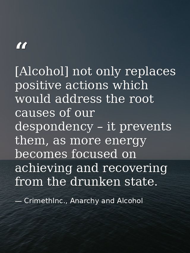 [Alcohol] not only replaces positive actions which would address the root causes of our despondency – it prevents them,  — CrimethInc., Anarchy and Alcohol