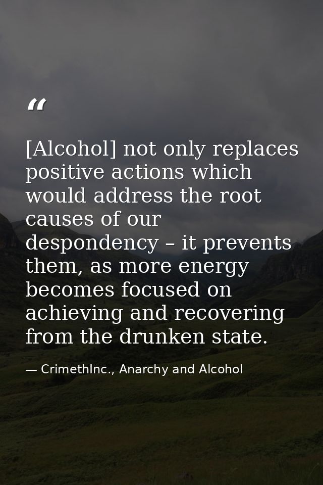 [Alcohol] not only replaces positive actions which would address the root causes of our despondency – it prevents them,  — CrimethInc., Anarchy and Alcohol