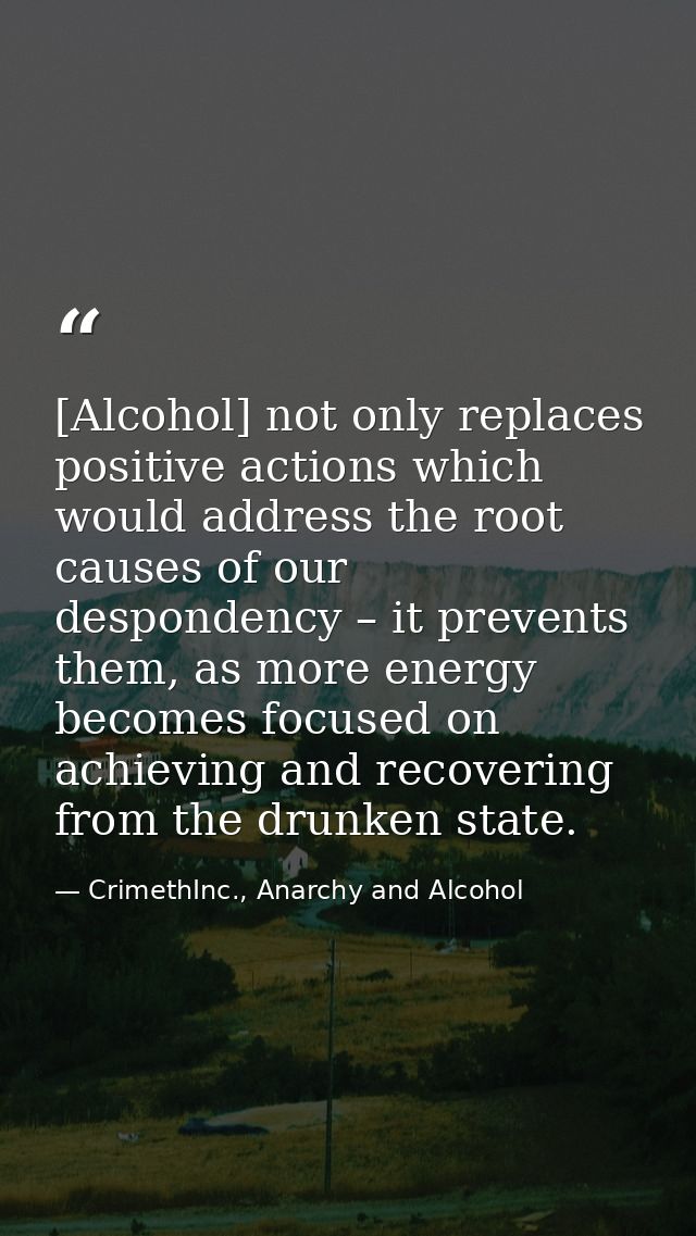 [Alcohol] not only replaces positive actions which would address the root causes of our despondency – it prevents them,  — CrimethInc., Anarchy and Alcohol