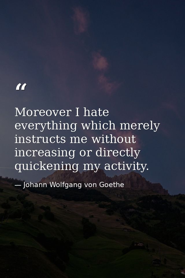 Moreover I hate everything which merely instructs me without increasing or directly quickening my activity. — Johann Wolfgang von Goethe