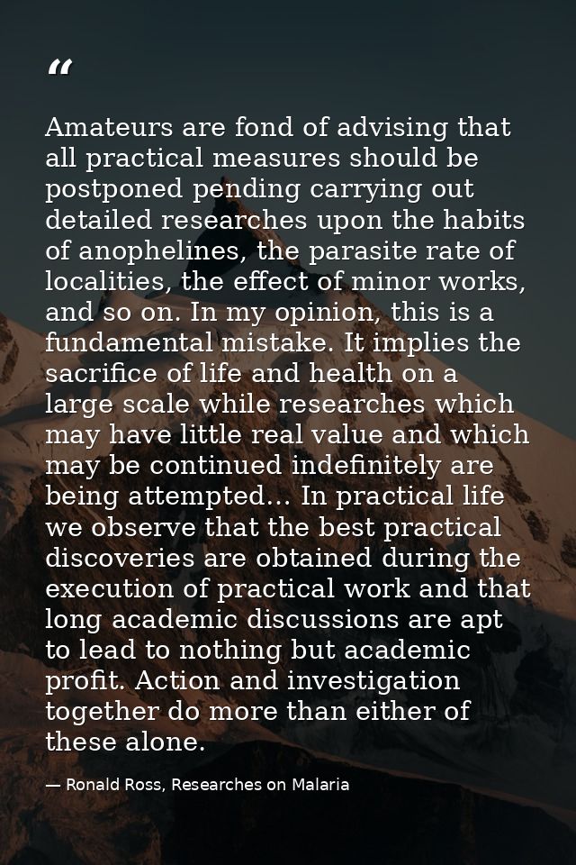 Amateurs are fond of advising that all practical measures should be postponed pending carrying out detailed researches u — Ronald Ross, Researches on Malaria