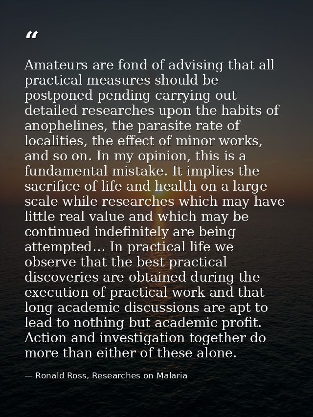 Amateurs are fond of advising that all practical measures should be postponed pending carrying out detailed researches u — Ronald Ross, Researches on Malaria