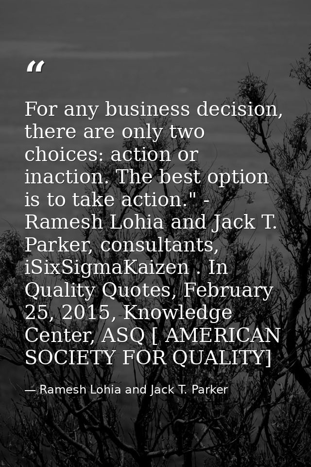 For any business decision, there are only two choices: action or inaction. The best option is to take action." - Ramesh  — Ramesh Lohia and Jack T. Parker