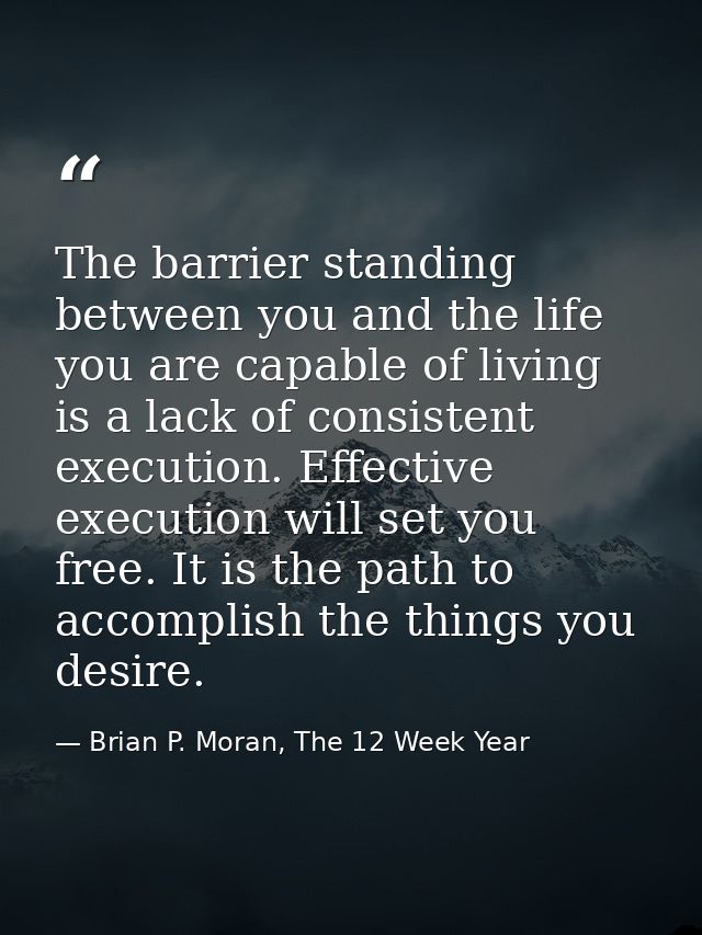 The barrier standing between you and the life you are capable of living is a lack of consistent execution. Effective exe — Brian P. Moran, The 12 Week Year