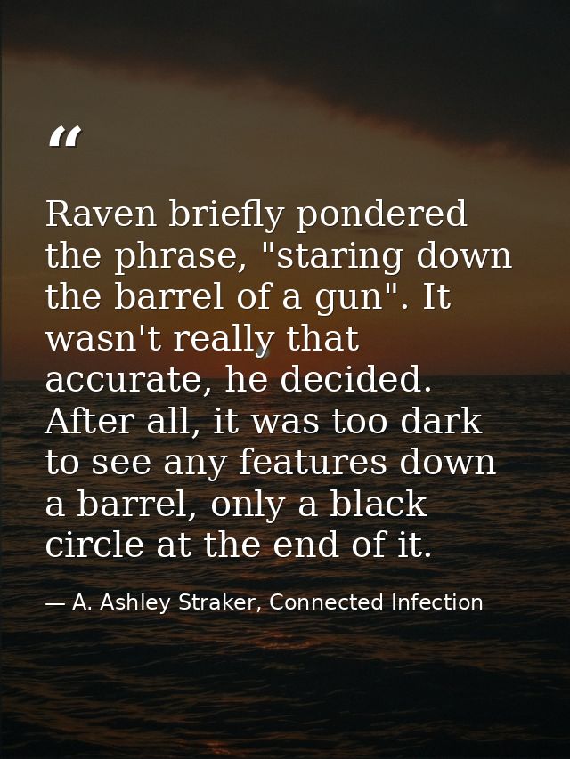 Raven briefly pondered the phrase, "staring down the barrel of a gun". It wasn't really that accurate, he decided. After — A. Ashley Straker, Connected Infection