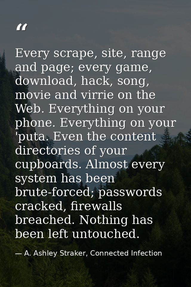 Every scrape, site, range and page; every game, download, hack, song, movie and virrie on the Web. Everything on your ph — A. Ashley Straker, Connected Infection