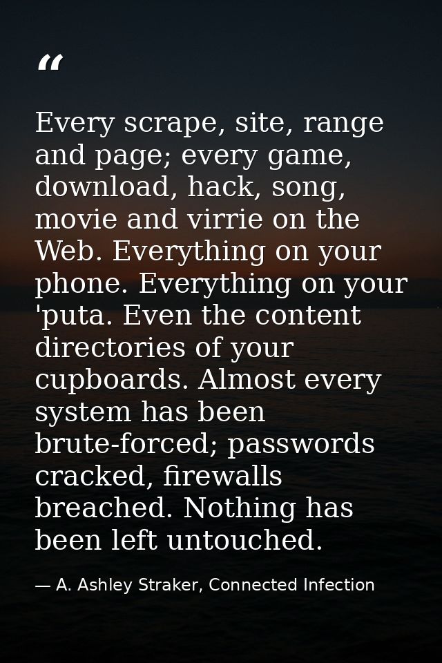 Every scrape, site, range and page; every game, download, hack, song, movie and virrie on the Web. Everything on your ph — A. Ashley Straker, Connected Infection