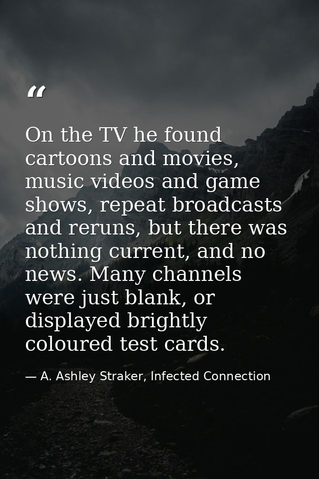 On the TV he found cartoons and movies, music videos and game shows, repeat broadcasts and reruns, but there was nothing — A. Ashley Straker, Infected Connection