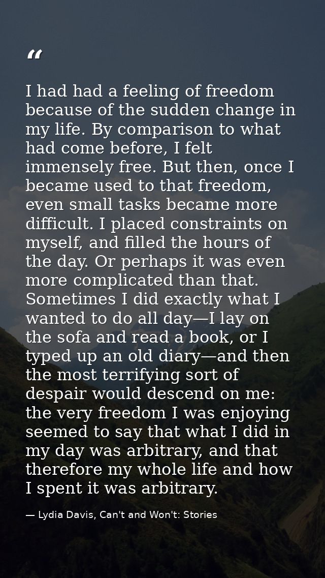 I had had a feeling of freedom because of the sudden change in my life. By comparison to what had come before, I felt im — Lydia Davis, Can't and Won't: Stories
