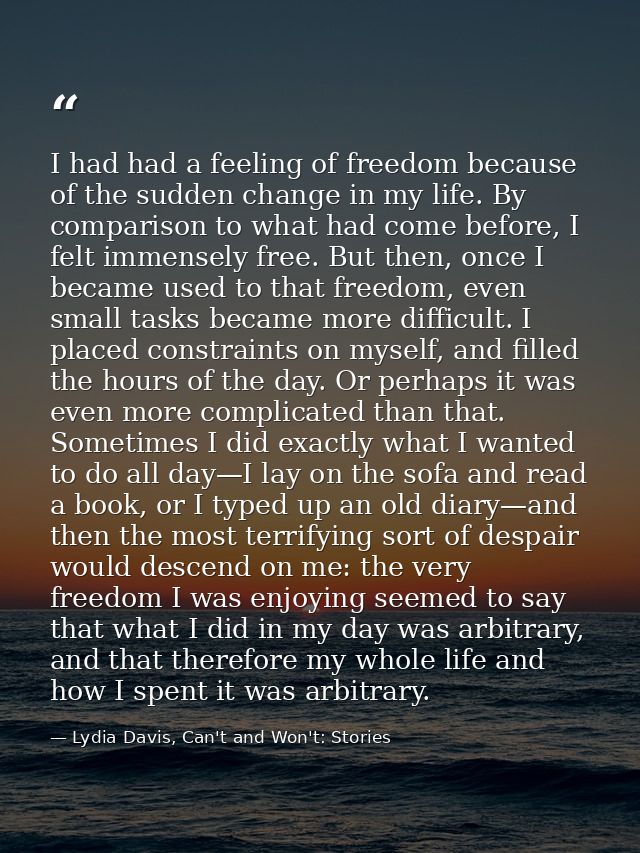 I had had a feeling of freedom because of the sudden change in my life. By comparison to what had come before, I felt im — Lydia Davis, Can't and Won't: Stories
