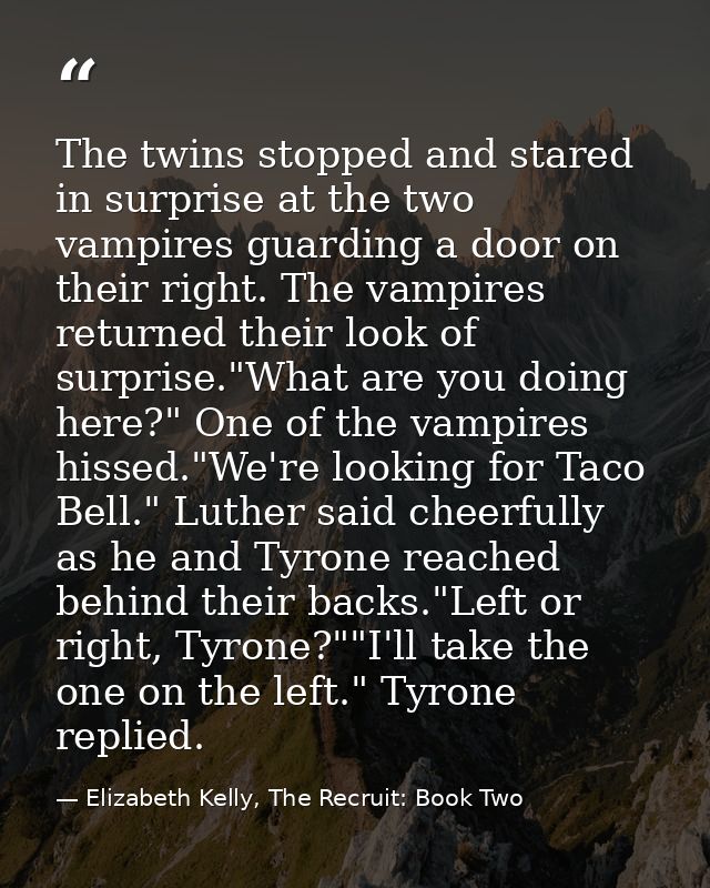 The twins stopped and stared in surprise at the two vampires guarding a door on their right. The vampires returned their — Elizabeth Kelly, The Recruit: Book Two