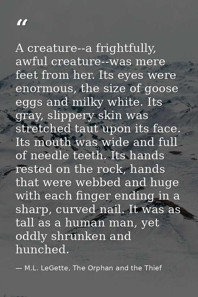 A creature--a frightfully, awful creature--was mere feet from her. Its eyes were enormous, the size of goose eggs and mi — M.L. LeGette, The Orphan and the Thief