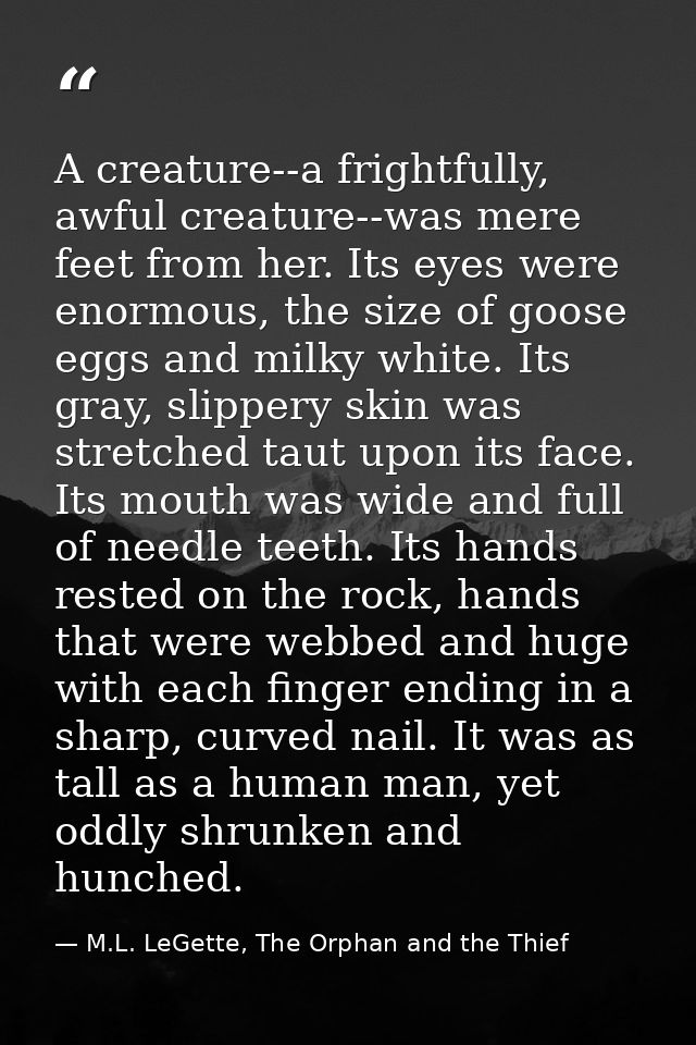 A creature--a frightfully, awful creature--was mere feet from her. Its eyes were enormous, the size of goose eggs and mi — M.L. LeGette, The Orphan and the Thief