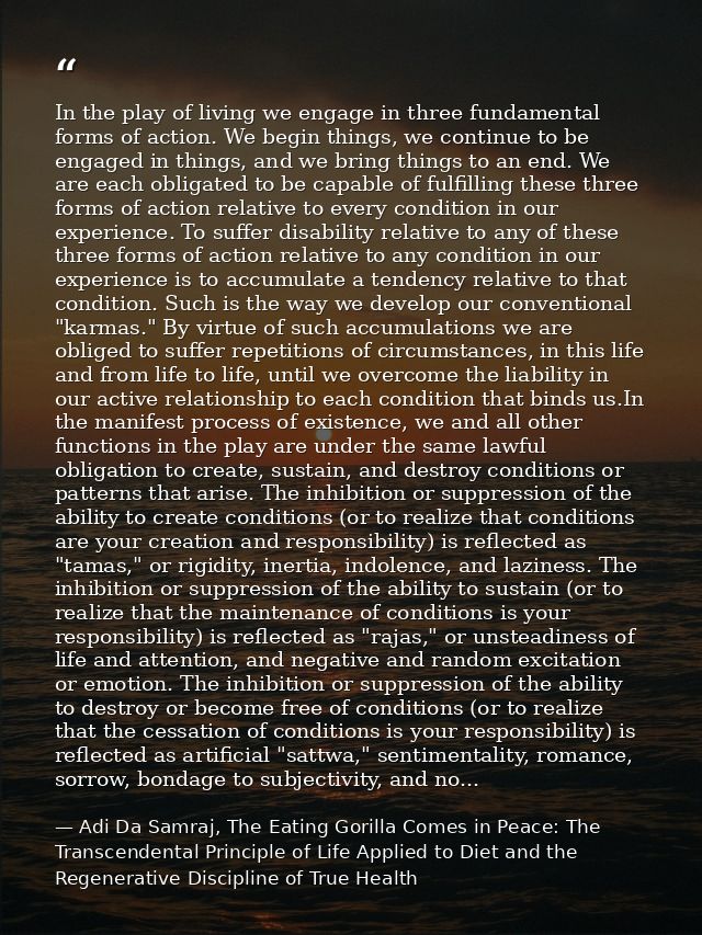 In the play of living we engage in three fundamental forms of action. We begin things, we continue to be engaged in thin — Adi Da Samraj, The Eating Gorilla Comes in Peace: The Transcendental Principle of Life Applied to Diet and the Regenerative Discipline of True Health