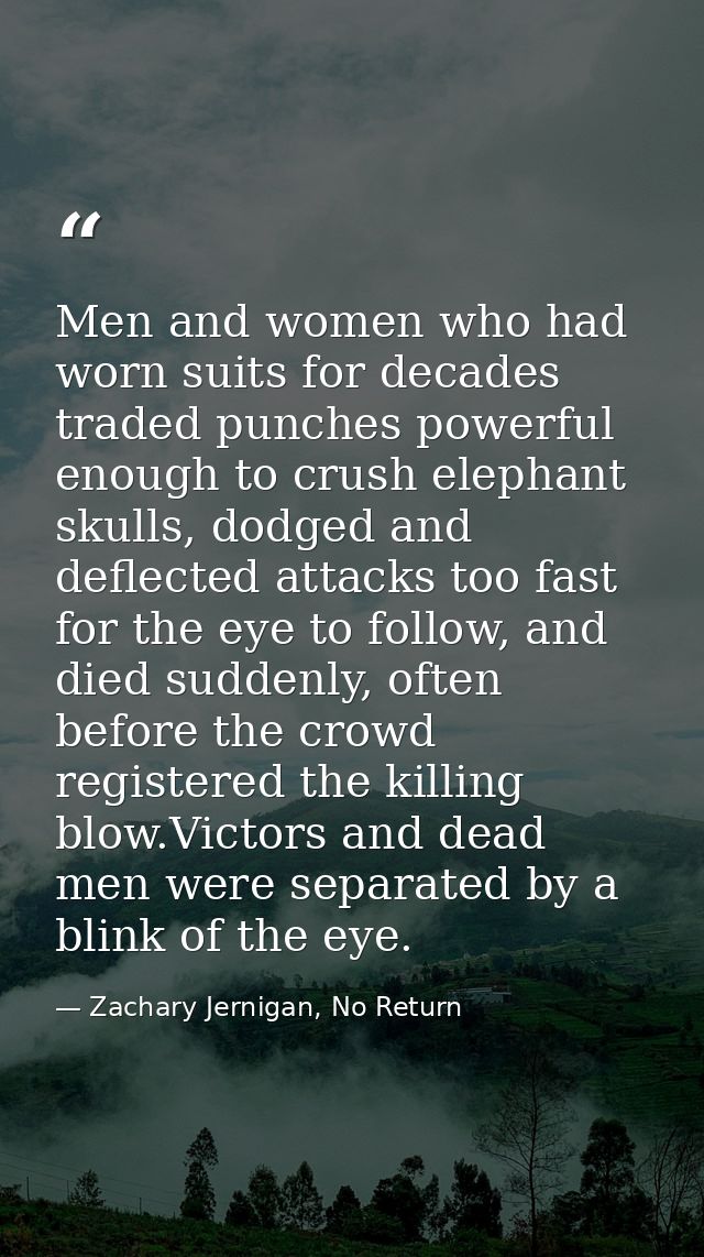 Men and women who had worn suits for decades traded punches powerful enough to crush elephant skulls, dodged and deflect — Zachary Jernigan, No Return