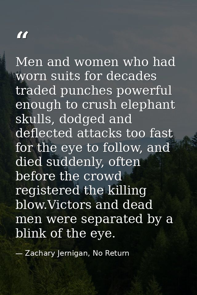 Men and women who had worn suits for decades traded punches powerful enough to crush elephant skulls, dodged and deflect — Zachary Jernigan, No Return