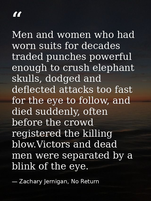 Men and women who had worn suits for decades traded punches powerful enough to crush elephant skulls, dodged and deflect — Zachary Jernigan, No Return