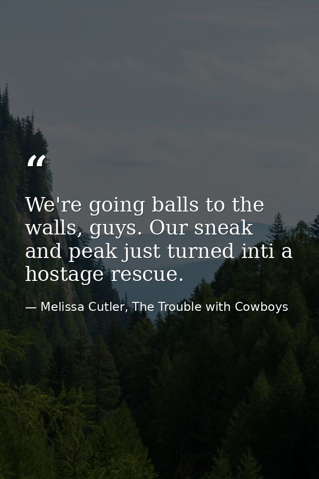 We're going balls to the walls, guys. Our sneak and peak just turned inti a hostage rescue. — Melissa Cutler, The Trouble with Cowboys