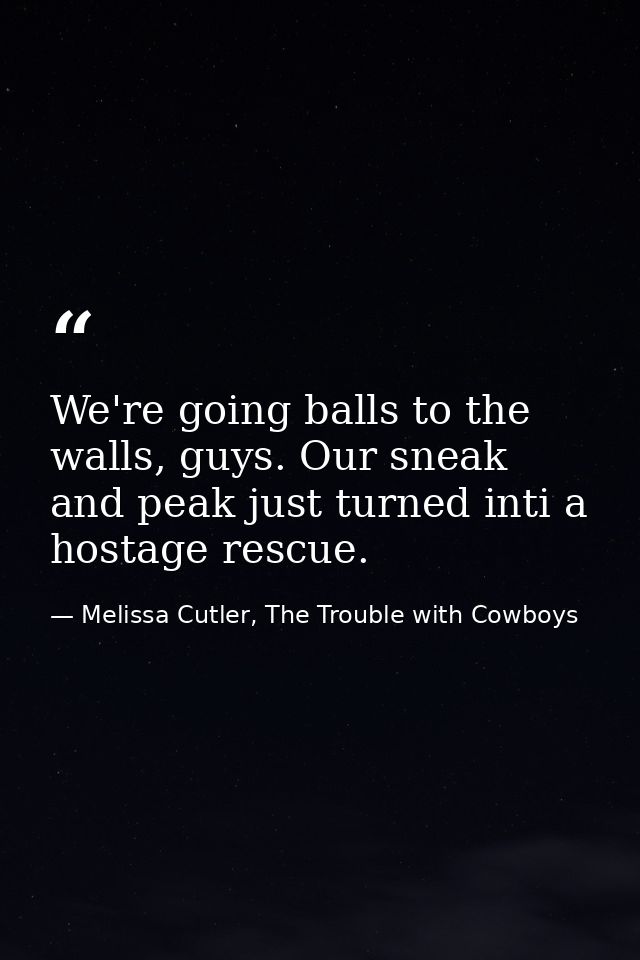 We're going balls to the walls, guys. Our sneak and peak just turned inti a hostage rescue. — Melissa Cutler, The Trouble with Cowboys