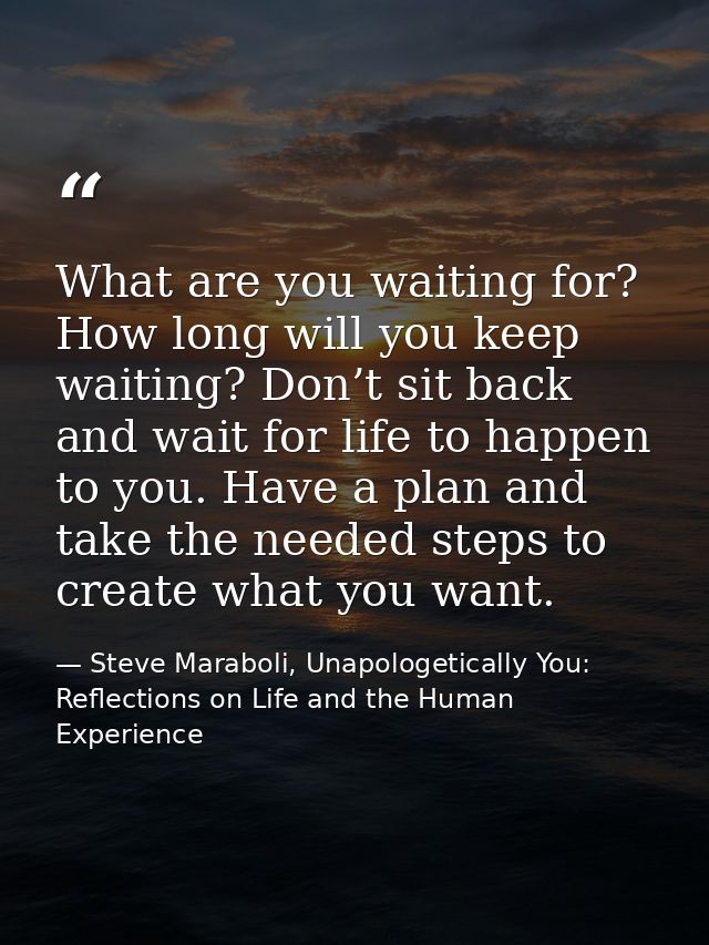 What are you waiting for? How long will you keep waiting? Don’t sit back and wait for life to happen to you. Have a plan — Steve Maraboli, Unapologetically You: Reflections on Life and the Human Experience