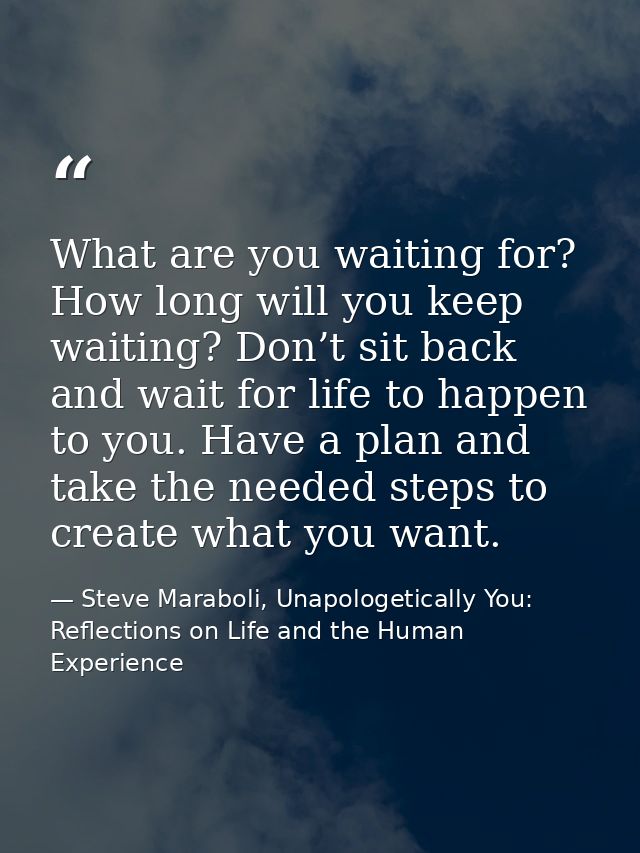 What are you waiting for? How long will you keep waiting? Don’t sit back and wait for life to happen to you. Have a plan — Steve Maraboli, Unapologetically You: Reflections on Life and the Human Experience