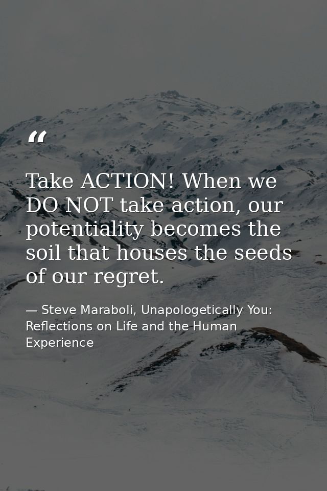 Take ACTION! When we DO NOT take action, our potentiality becomes the soil that houses the seeds of our regret. — Steve Maraboli, Unapologetically You: Reflections on Life and the Human Experience