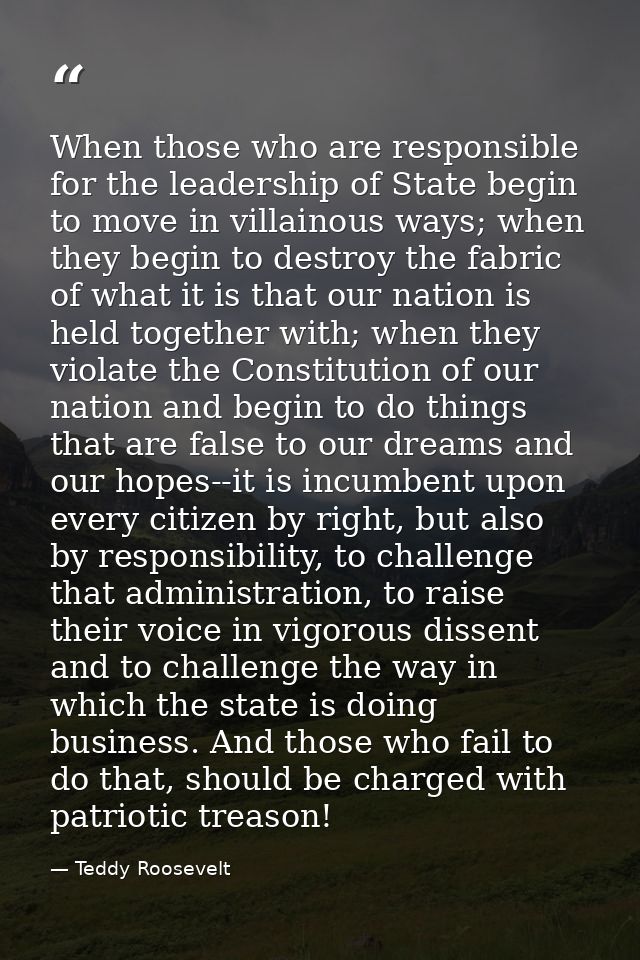 When those who are responsible for the leadership of State begin to move in villainous ways; when they begin to destroy  — Teddy Roosevelt