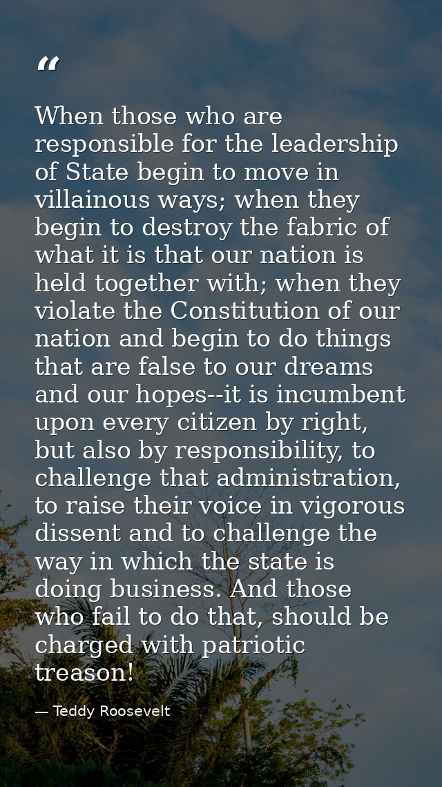 When those who are responsible for the leadership of State begin to move in villainous ways; when they begin to destroy  — Teddy Roosevelt