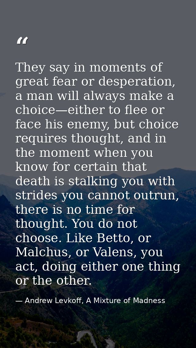They say in moments of great fear or desperation, a man will always make a choice—either to flee or face his enemy, but  — Andrew Levkoff, A Mixture of Madness