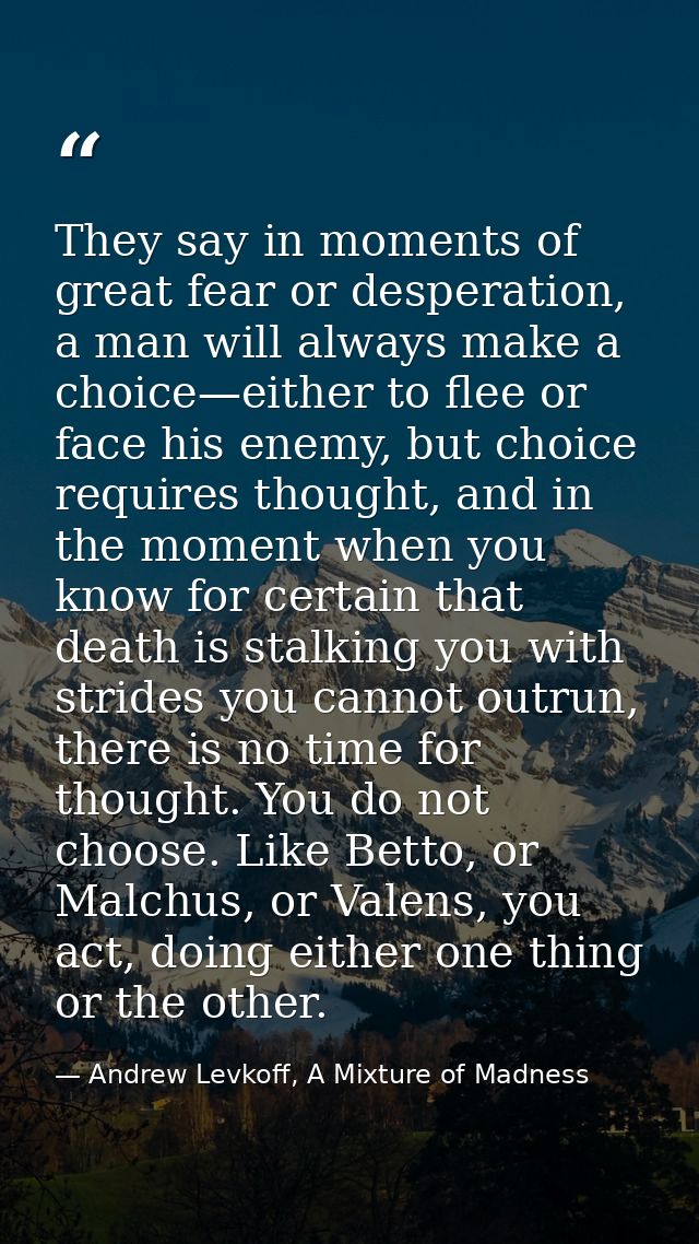 They say in moments of great fear or desperation, a man will always make a choice—either to flee or face his enemy, but  — Andrew Levkoff, A Mixture of Madness