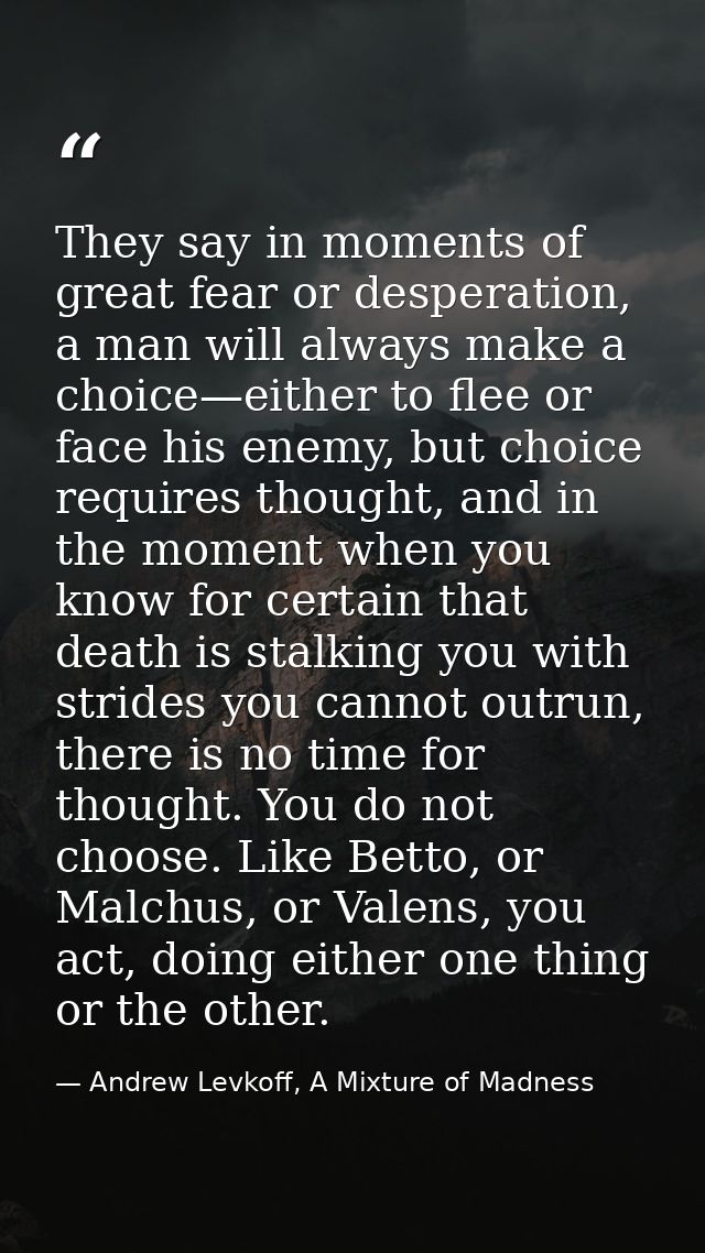 They say in moments of great fear or desperation, a man will always make a choice—either to flee or face his enemy, but  — Andrew Levkoff, A Mixture of Madness