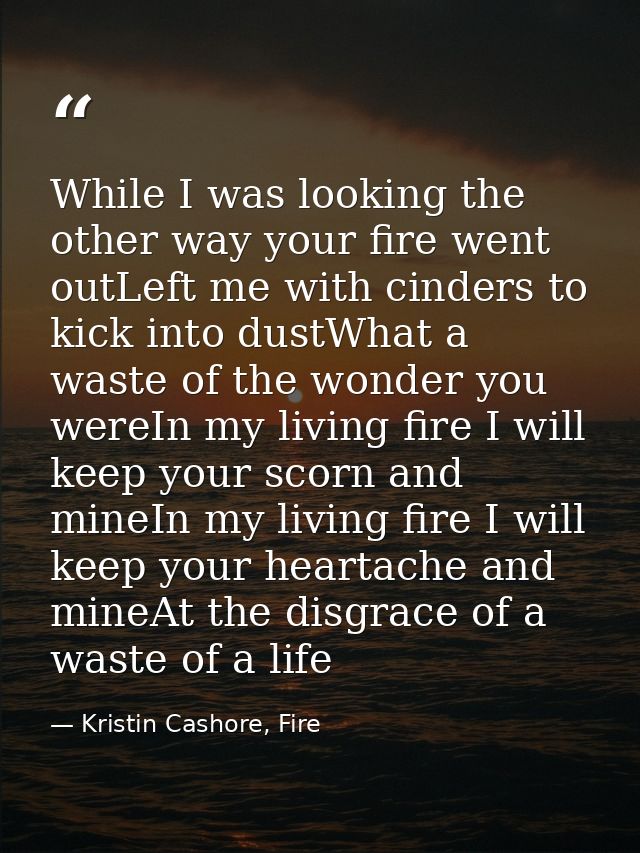 While I was looking the other way your fire went outLeft me with cinders to kick into dustWhat a waste of the wonder you — Kristin Cashore, Fire
