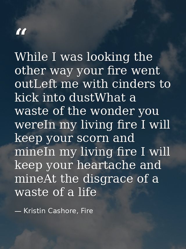 While I was looking the other way your fire went outLeft me with cinders to kick into dustWhat a waste of the wonder you — Kristin Cashore, Fire
