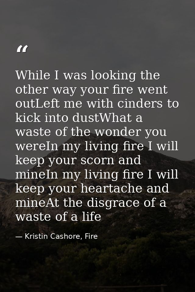 While I was looking the other way your fire went outLeft me with cinders to kick into dustWhat a waste of the wonder you — Kristin Cashore, Fire