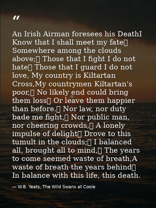 An Irish Airman foresees his DeathI Know that I shall meet my fate	 Somewhere among the clouds above;	 Those that I figh — W.B. Yeats, The Wild Swans at Coole