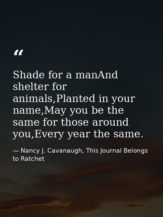 Shade for a manAnd shelter for animals,Planted in your name,May you be the same for those around you,Every year the same — Nancy J. Cavanaugh, This Journal Belongs to Ratchet