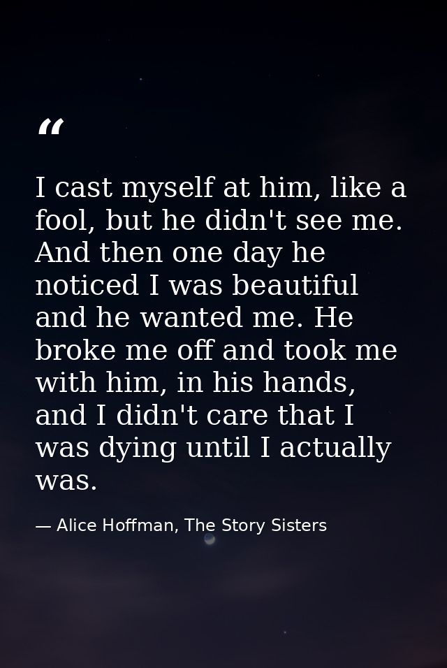 I cast myself at him, like a fool, but he didn't see me. And then one day he noticed I was beautiful and he wanted me. H — Alice Hoffman, The Story Sisters