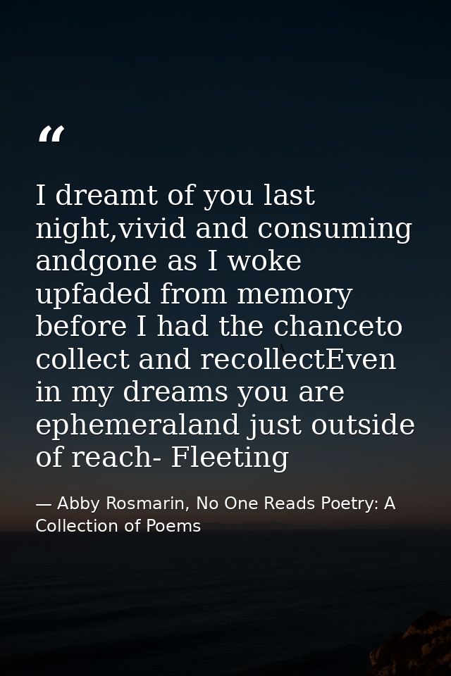 I dreamt of you last night,vivid and consuming andgone as I woke upfaded from memory before I had the chanceto collect a — Abby Rosmarin, No One Reads Poetry: A Collection of Poems
