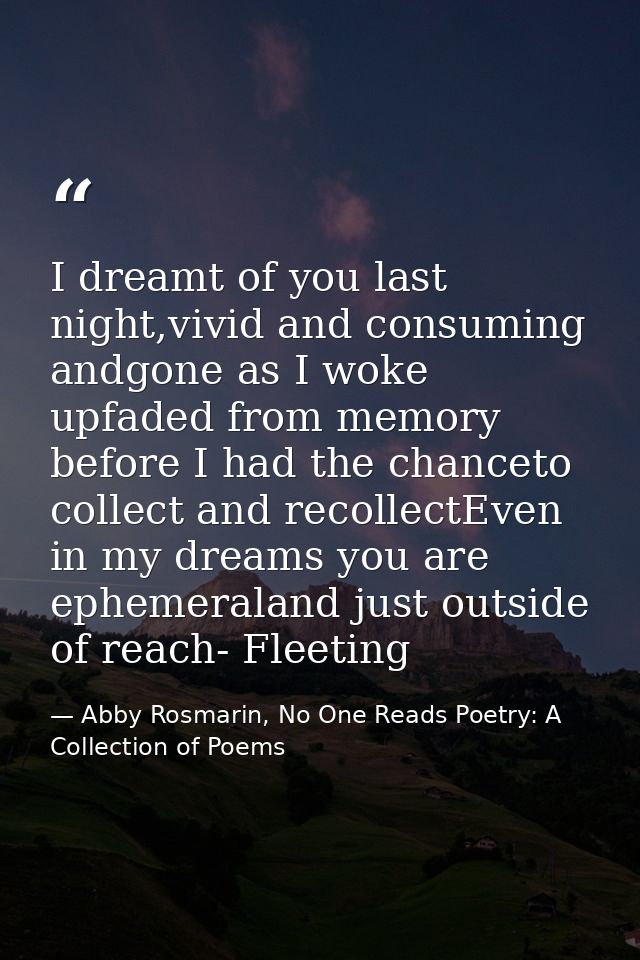 I dreamt of you last night,vivid and consuming andgone as I woke upfaded from memory before I had the chanceto collect a — Abby Rosmarin, No One Reads Poetry: A Collection of Poems