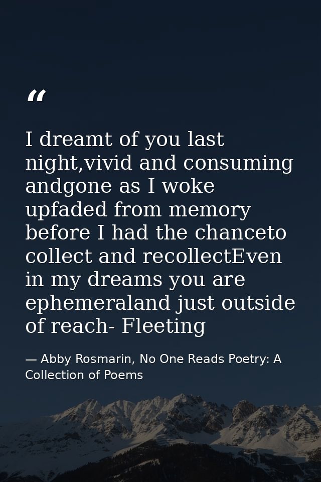 I dreamt of you last night,vivid and consuming andgone as I woke upfaded from memory before I had the chanceto collect a — Abby Rosmarin, No One Reads Poetry: A Collection of Poems
