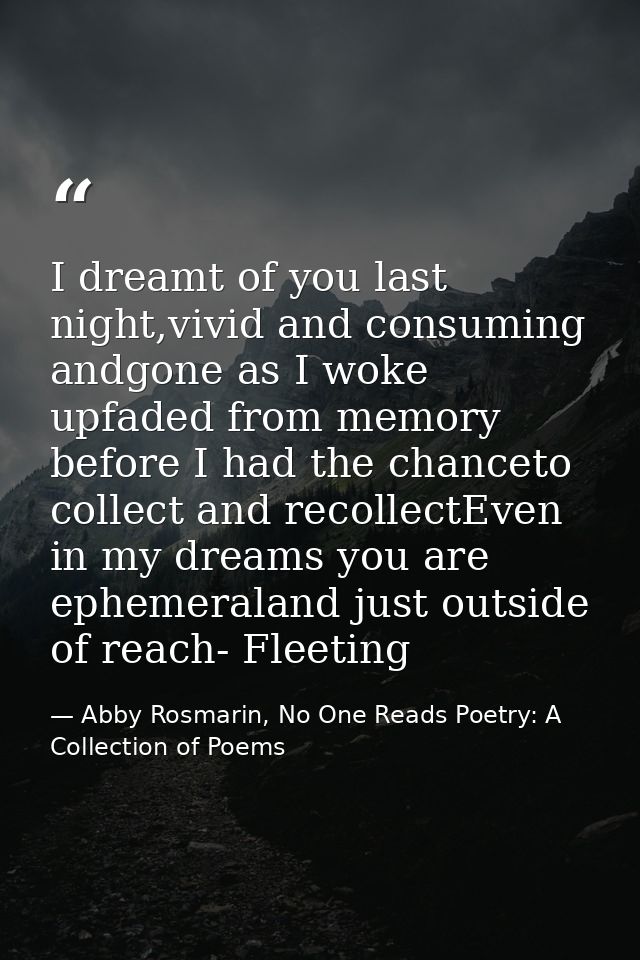 I dreamt of you last night,vivid and consuming andgone as I woke upfaded from memory before I had the chanceto collect a — Abby Rosmarin, No One Reads Poetry: A Collection of Poems