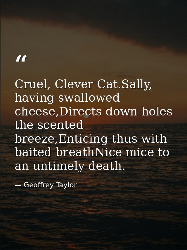 Cruel, Clever Cat.Sally, having swallowed cheese,Directs down holes the scented breeze,Enticing thus with baited breathN — Geoffrey Taylor