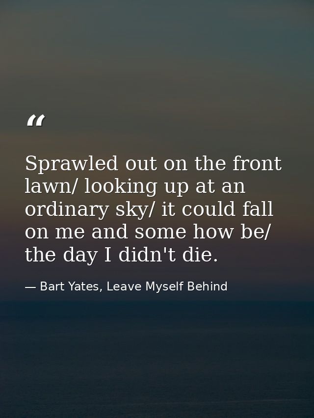 Sprawled out on the front lawn/ looking up at an ordinary sky/ it could fall on me and some how be/ the day I didn't die — Bart Yates, Leave Myself Behind