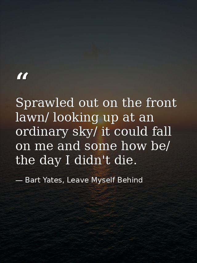 Sprawled out on the front lawn/ looking up at an ordinary sky/ it could fall on me and some how be/ the day I didn't die — Bart Yates, Leave Myself Behind