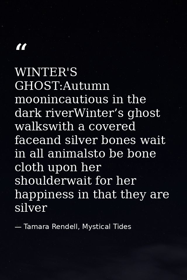 WINTER'S GHOST:Autumn moonincautious in the dark riverWinter’s ghost walkswith a covered faceand silver bones wait in al — Tamara Rendell, Mystical Tides