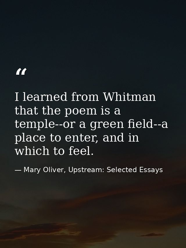 I learned from Whitman that the poem is a temple--or a green field--a place to enter, and in which to feel. — Mary Oliver, Upstream: Selected Essays