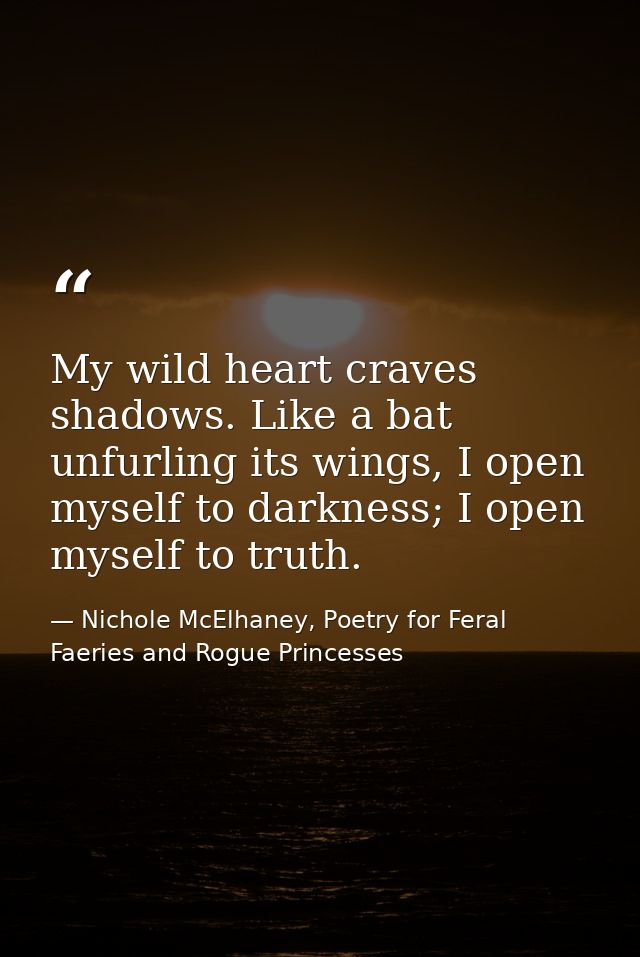 My wild heart craves shadows. Like a bat unfurling its wings, I open myself to darkness; I open myself to truth. — Nichole McElhaney, Poetry for Feral Faeries and Rogue Princesses